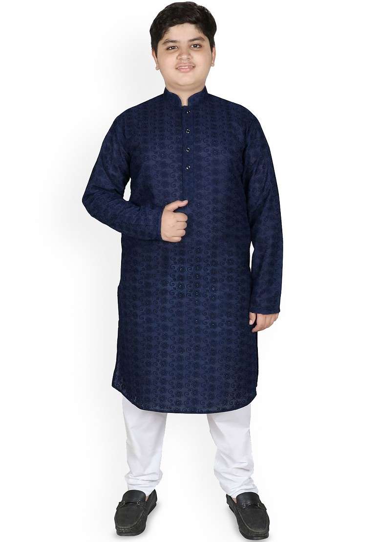 Navy Blue Embroidered Blended Kurta Set For Boys - Indya