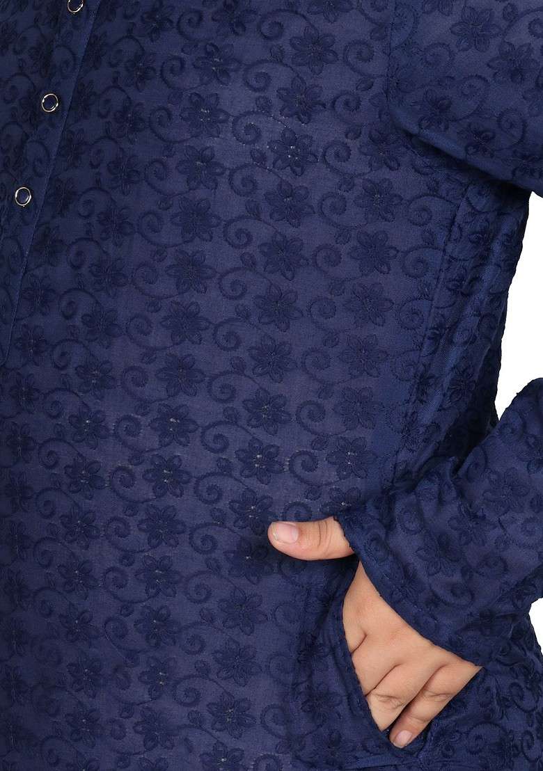Navy Blue Embroidered Blended Kurta Set For Boys - Indya