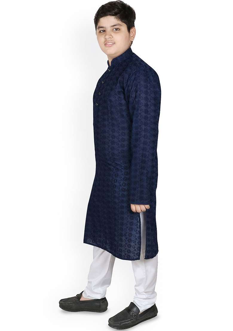 Navy Blue Embroidered Blended Kurta Set For Boys - Indya