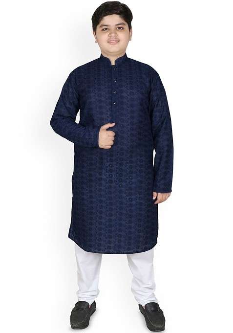 Navy Blue Embroidered Blended Kurta Set For Boys