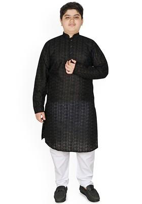 Black Embroidered Blended Kurta Set For Boys