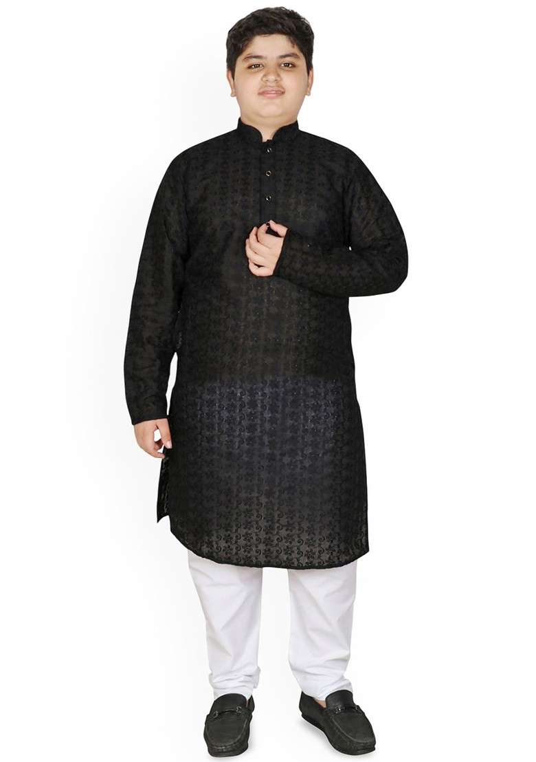 Black Embroidered Blended Kurta Set For Boys - Indya