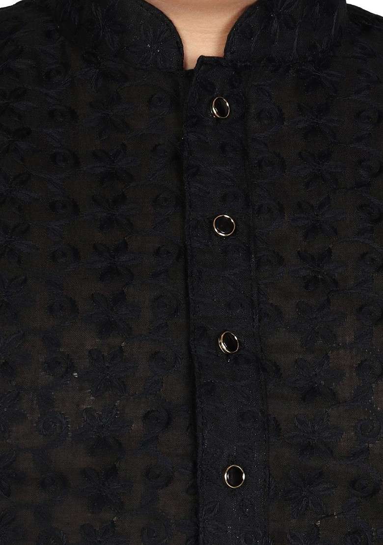 Black Embroidered Blended Kurta Set For Boys - Indya