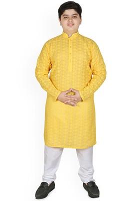 Yellow Embroidered Blended Kurta Set For Boys