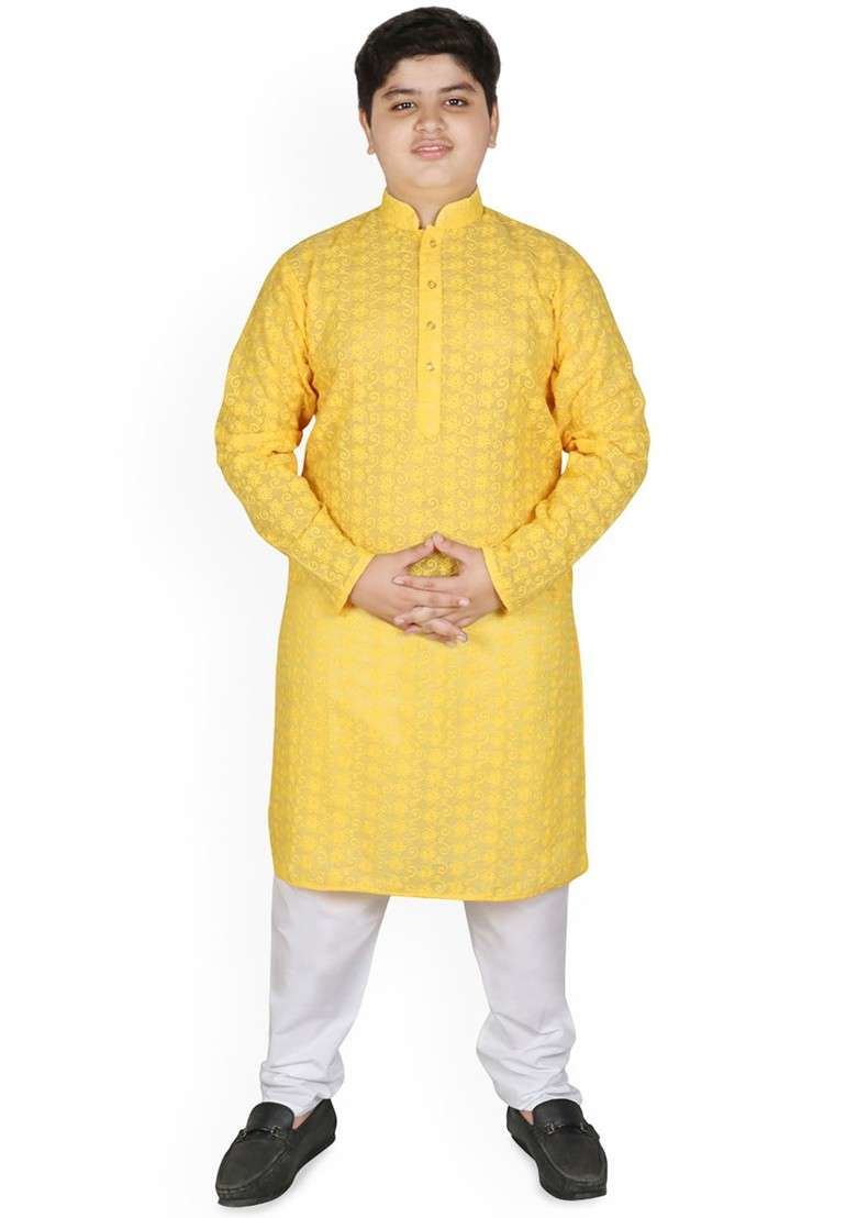 Yellow Embroidered Blended Kurta Set For Boys - Indya