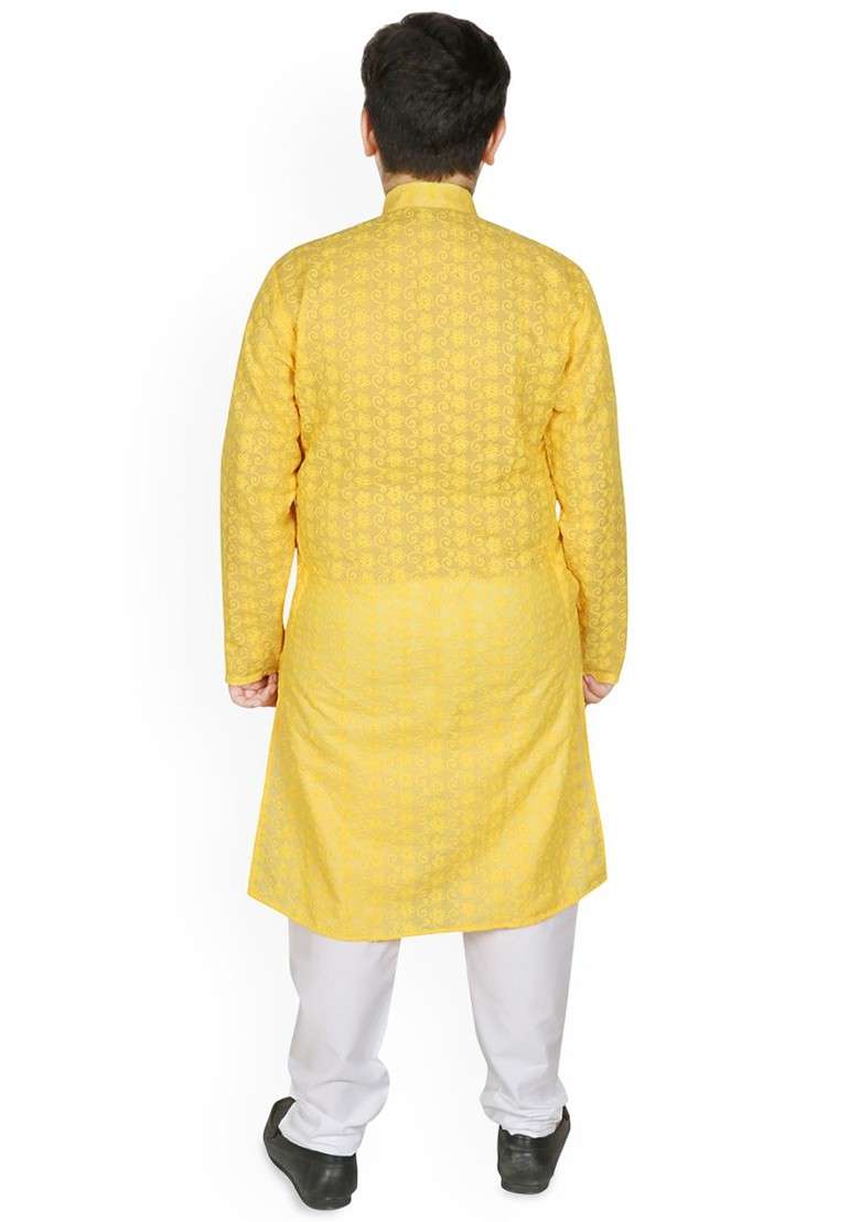 Yellow Embroidered Blended Kurta Set For Boys - Indya