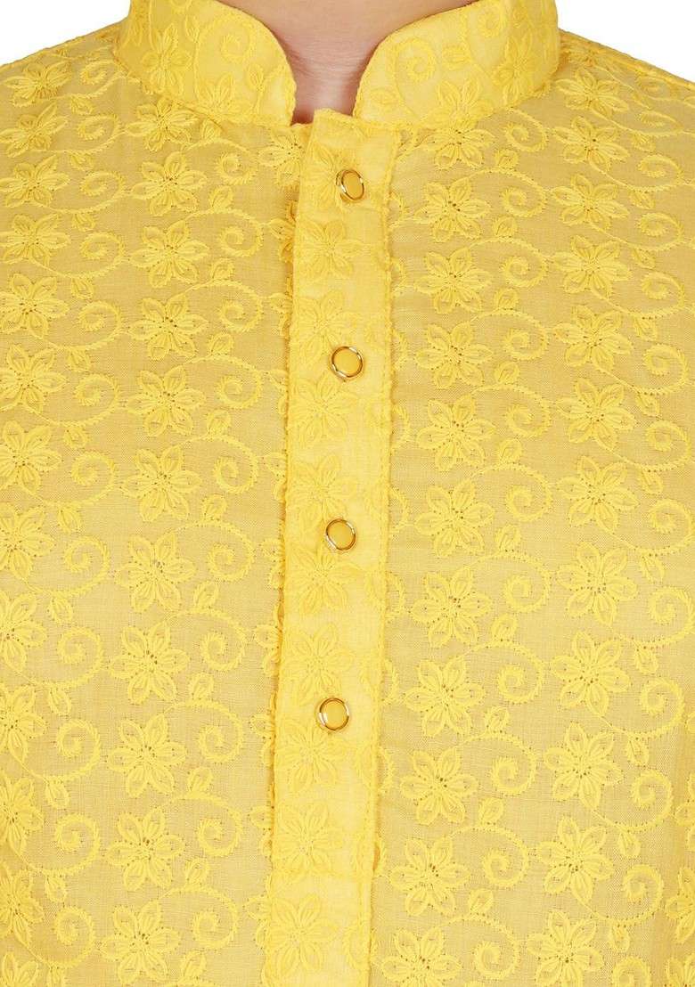 Yellow Embroidered Blended Kurta Set For Boys - Indya