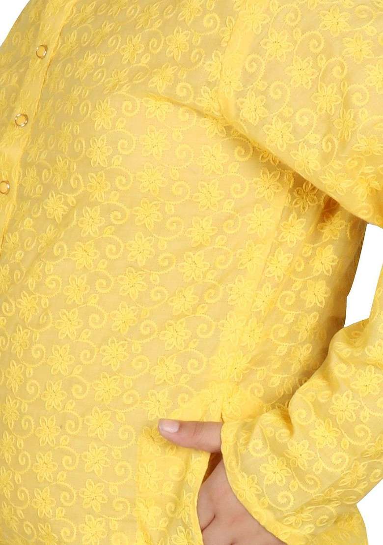 Yellow Embroidered Blended Kurta Set For Boys - Indya