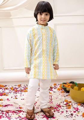 Yellow Embroidered Blended Kurta Set For Boys