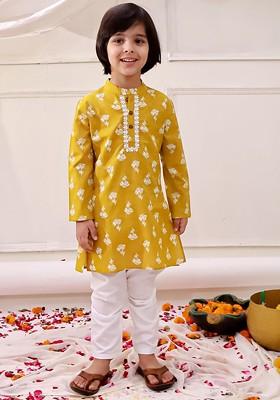 Mustard Printed Cotton Kurta Set For Boys
