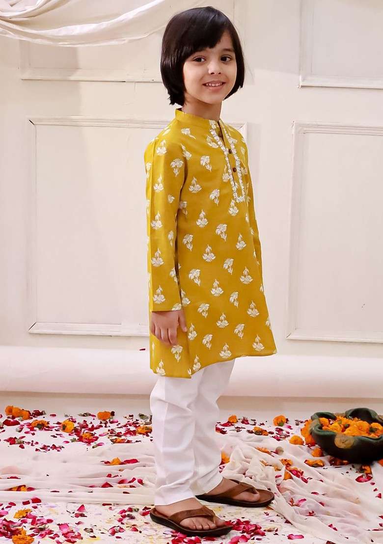 Mustard Printed Cotton Kurta Set For Boys - Indya