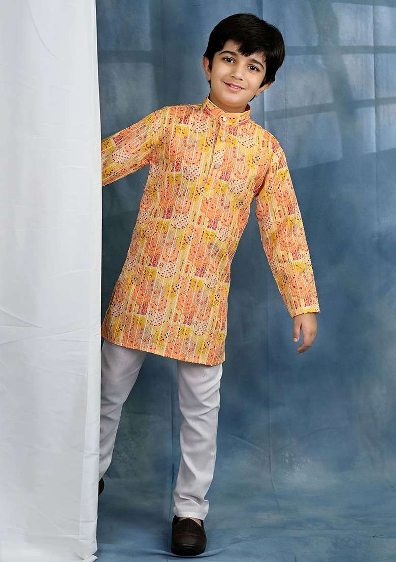 Yellow Printed Blended Kurta Set For Boys - Indya