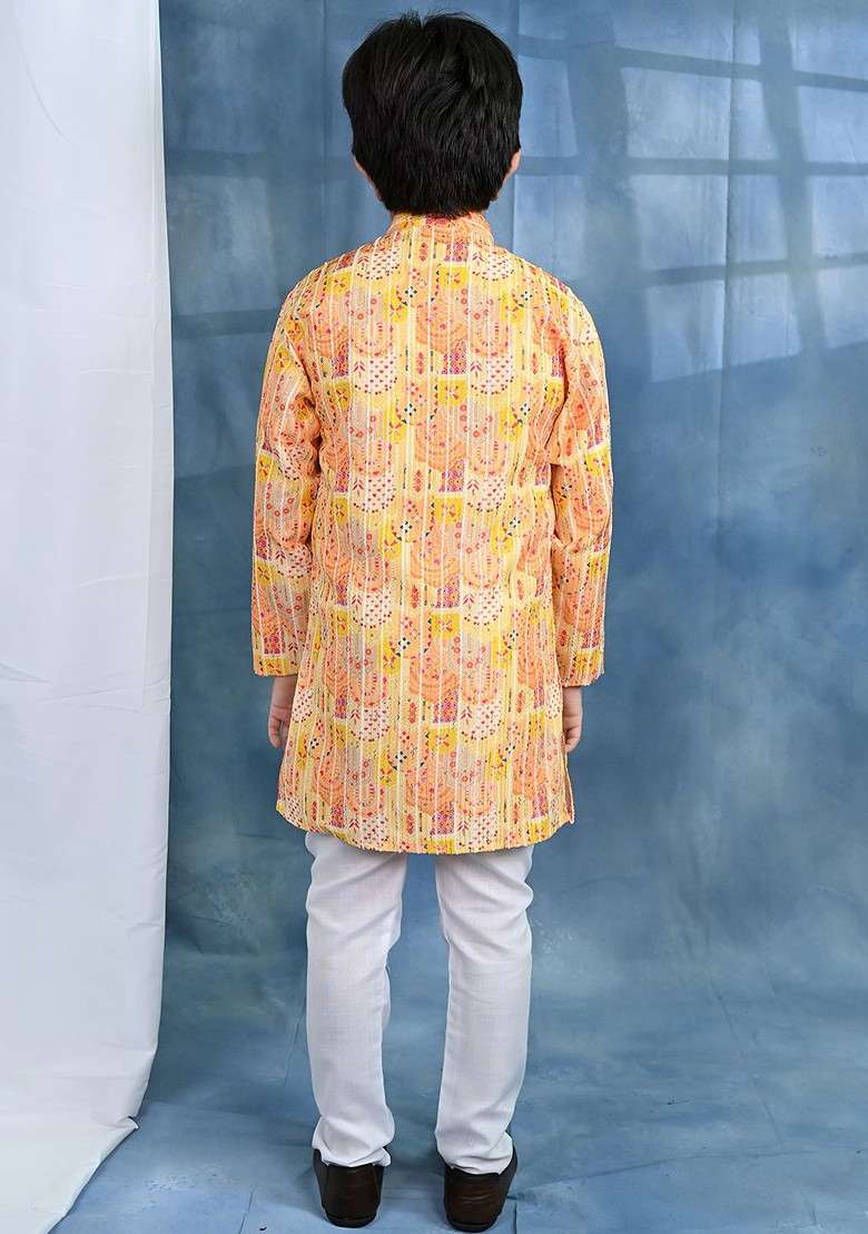 Yellow Printed Blended Kurta Set For Boys - Indya