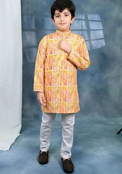 Yellow Printed Blended Kurta Set For Boys