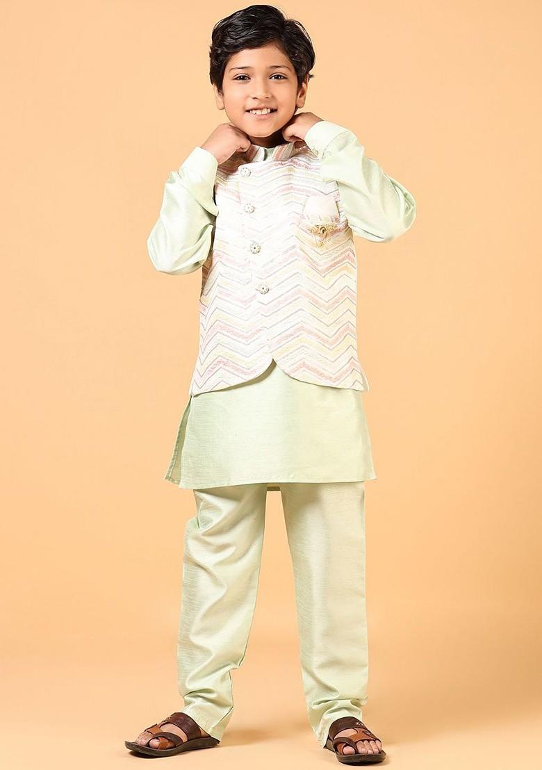Green Embroidered Blended Kurta Set For Boys - Indya