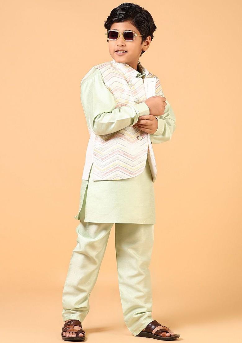 Green Embroidered Blended Kurta Set For Boys - Indya