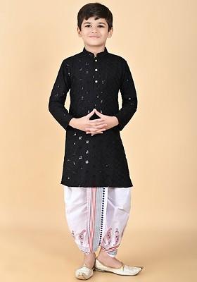 Black Embroidered Blended Kurta Dhoti Set For Boys