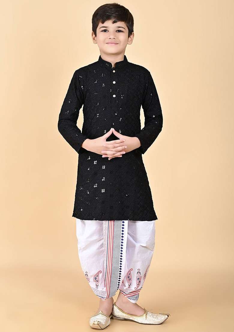 Black Embroidered Blended Kurta Dhoti Set For Boys - Indya