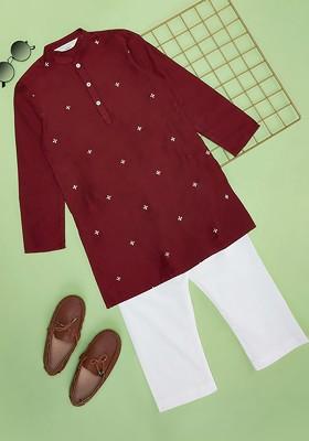 Rust Embroidered Blended Kurta Set For Boys