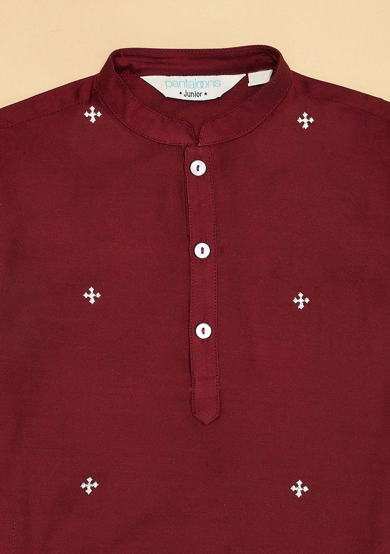 Rust Embroidered Blended Kurta Set For Boys - Indya