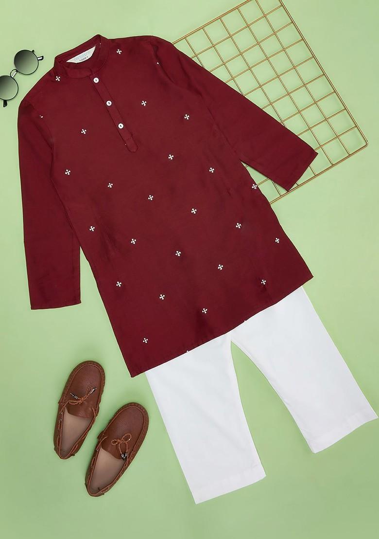 Rust Embroidered Blended Kurta Set For Boys - Indya