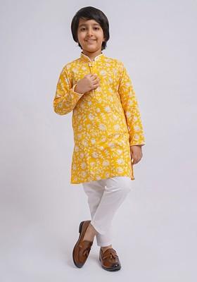 Yellow Printed Cotton Kurta Set For Boys