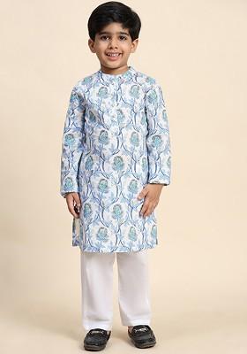 Blue Printed Cotton Kurta Set For Boys