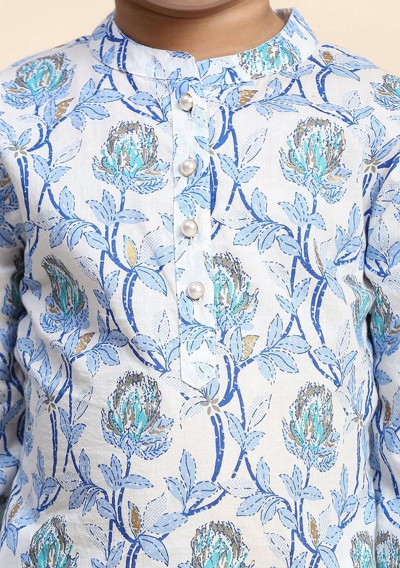 Blue Printed Cotton Kurta Set For Boys - Indya