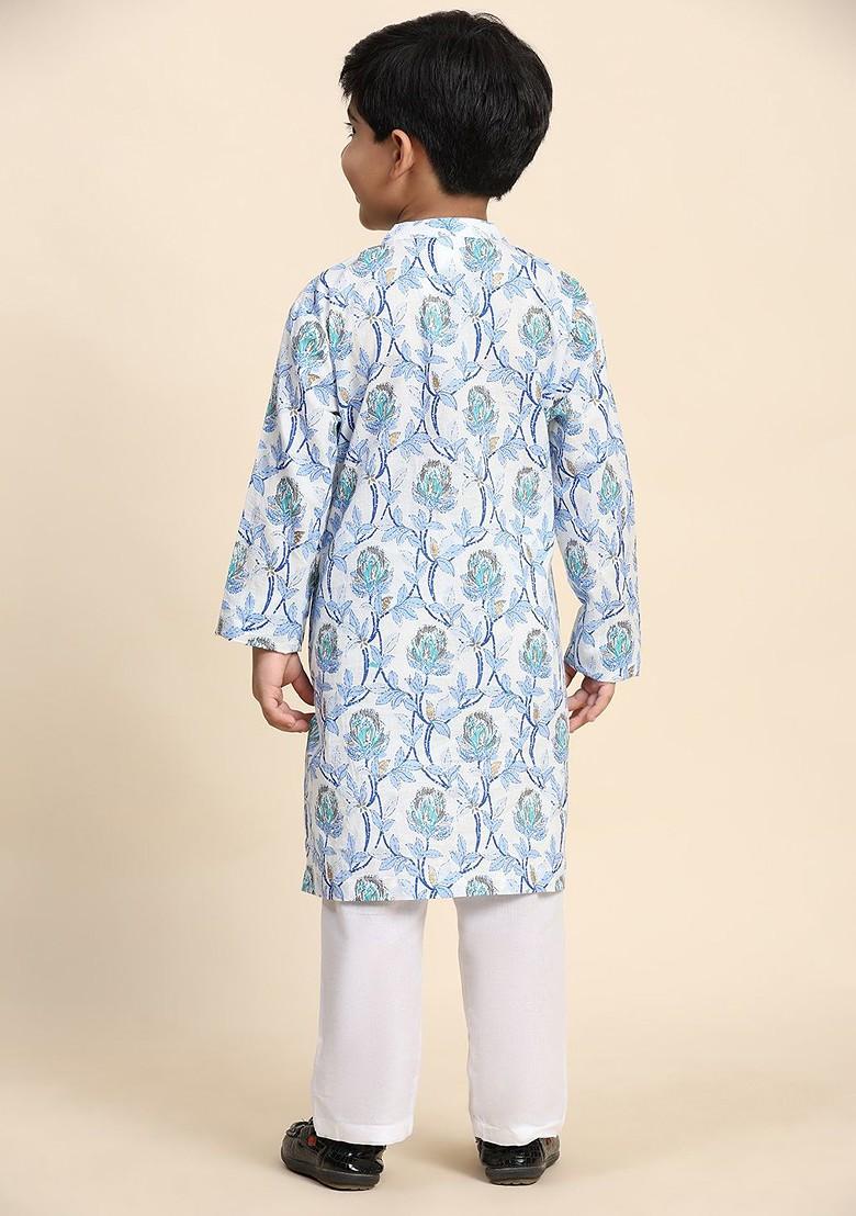 Blue Printed Cotton Kurta Set For Boys - Indya