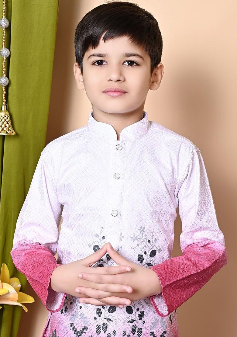White Embroidered Blended Kurta Set For Boys - Indya