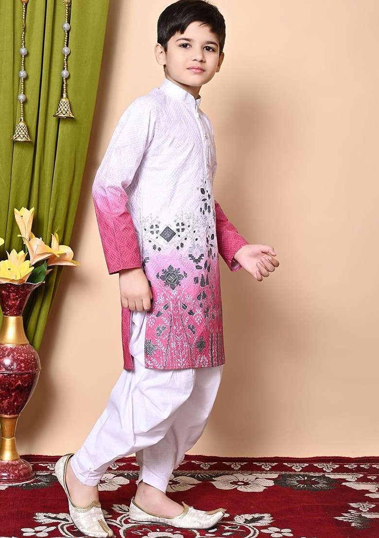 White Embroidered Blended Kurta Set For Boys - Indya