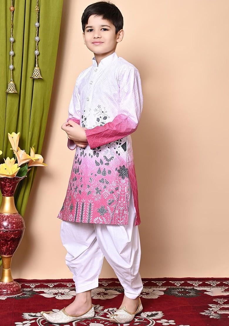 White Embroidered Blended Kurta Set For Boys - Indya