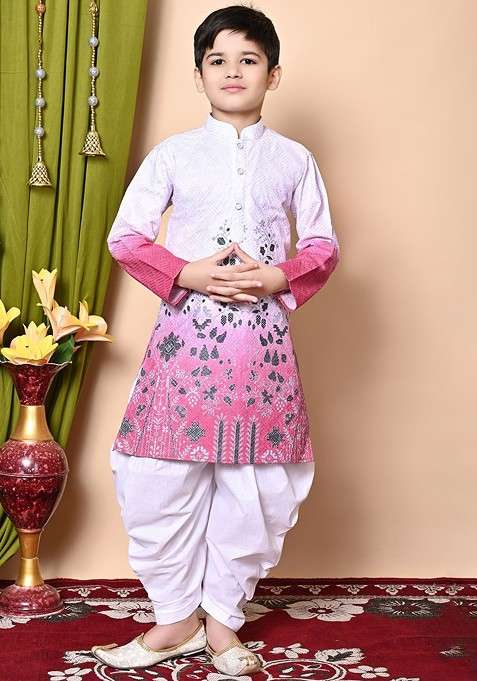 White Embroidered Blended Kurta Set For Boys