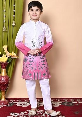 White Embroidered Blended Kurta Set For Boys