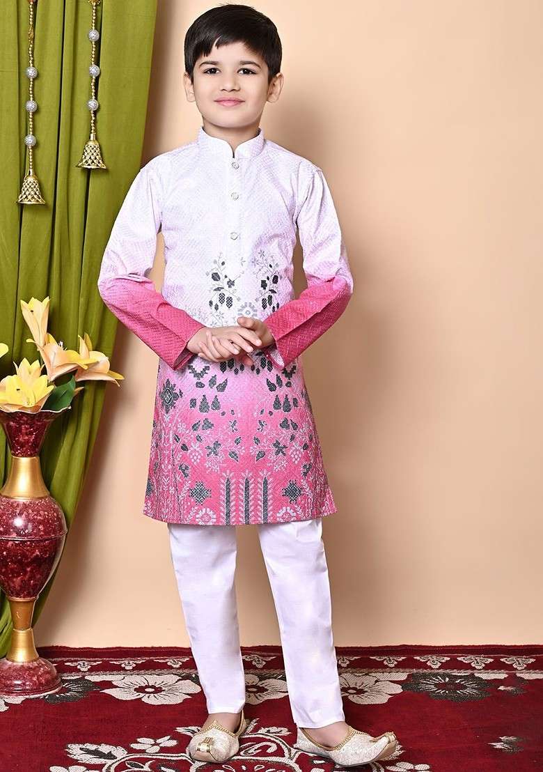White Embroidered Blended Kurta Set For Boys - Indya
