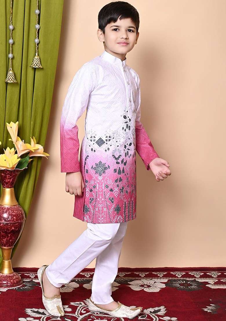 White Embroidered Blended Kurta Set For Boys - Indya