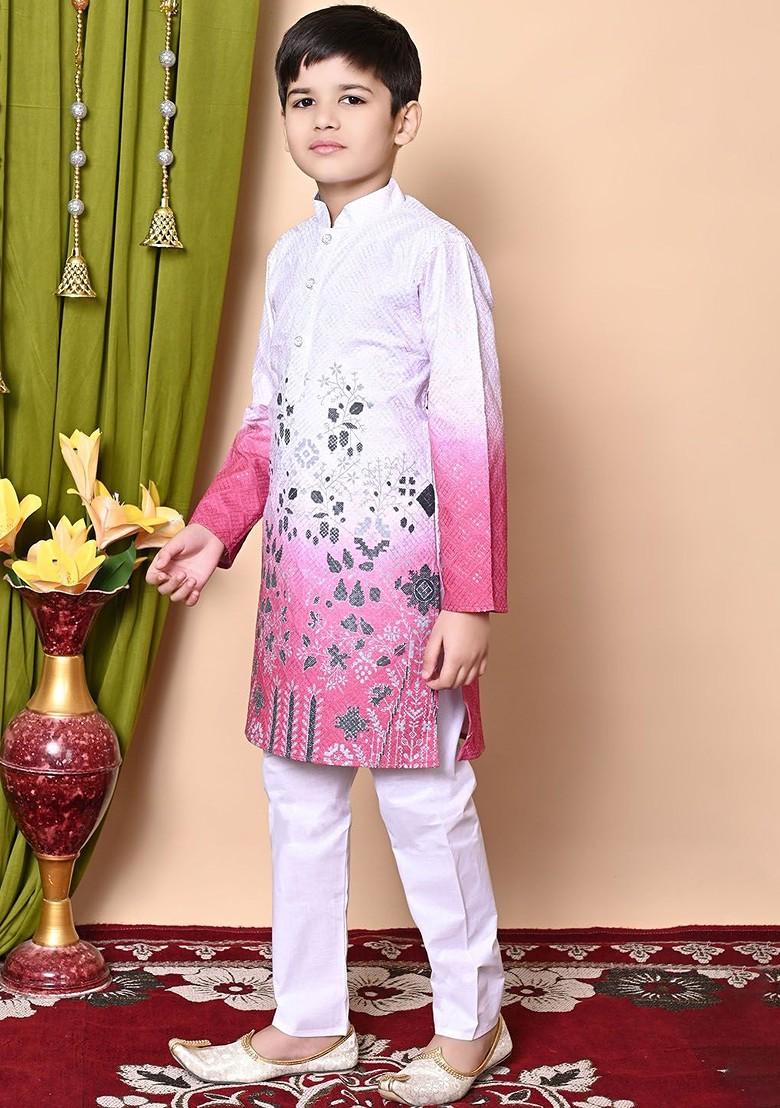 White Embroidered Blended Kurta Set For Boys - Indya