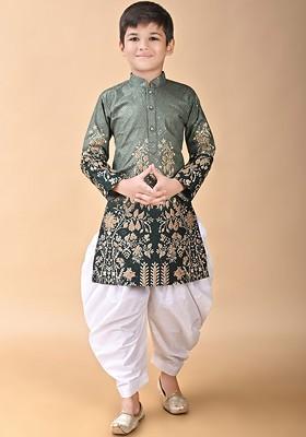 Green Embroidered Blended Kurta Set For Boys