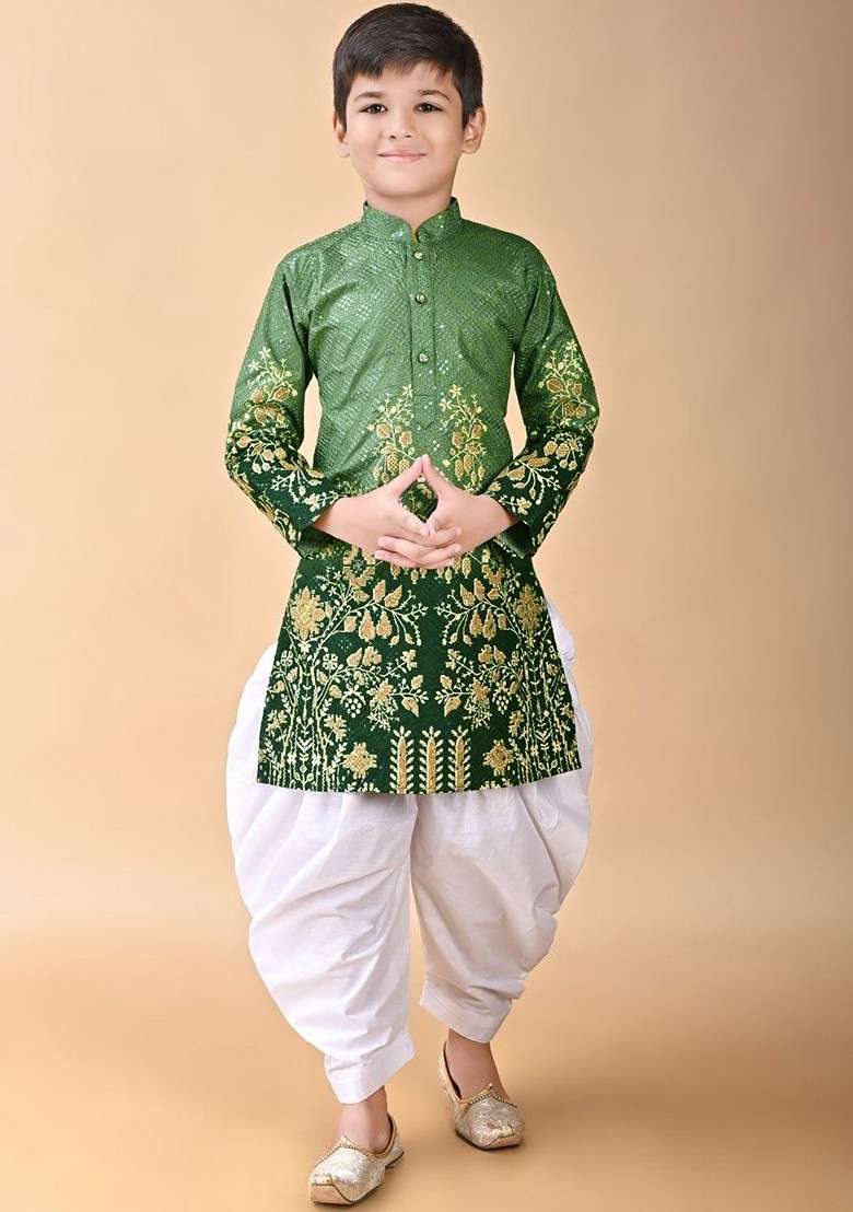Green Embroidered Blended Kurta Set For Boys - Indya