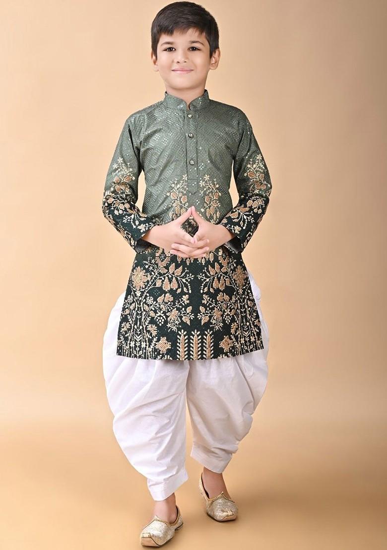 Green Embroidered Blended Kurta Set For Boys - Indya