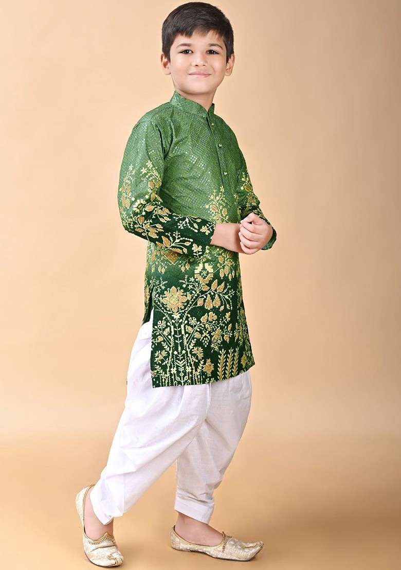 Green Embroidered Blended Kurta Set For Boys - Indya
