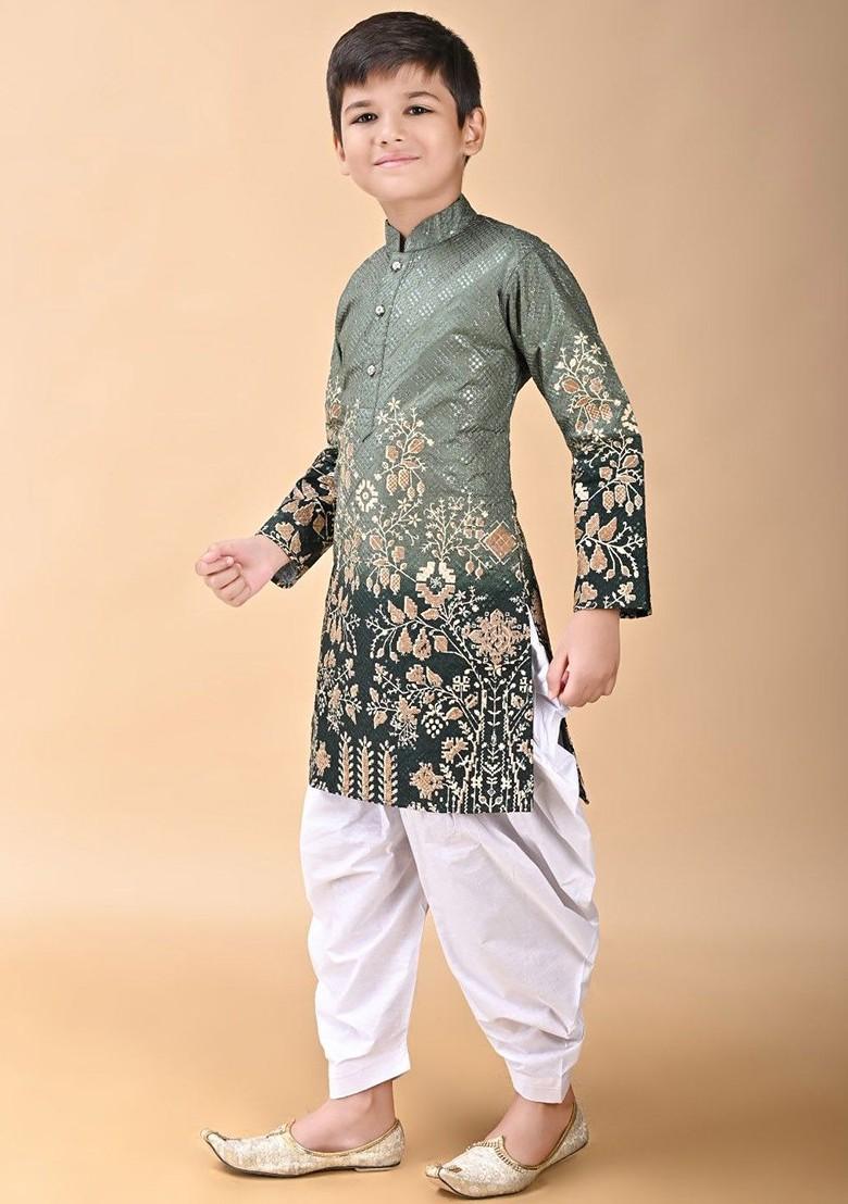 Green Embroidered Blended Kurta Set For Boys - Indya