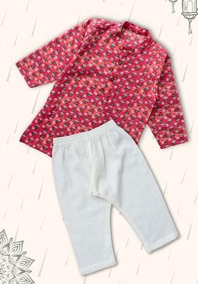 Pink Printed Cotton Kurta Set For Boys