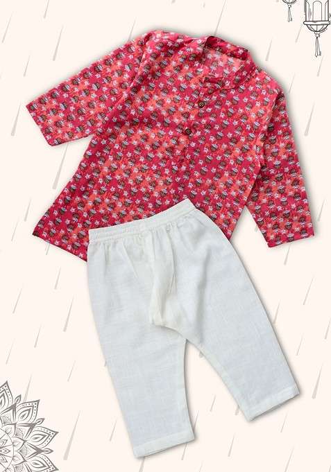 Pink Printed Cotton Kurta Set For Boys