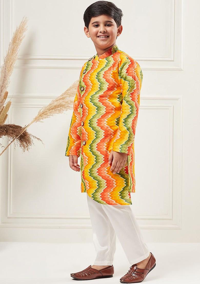 Yellow Striped Cotton Kurta Set For Boys - Indya
