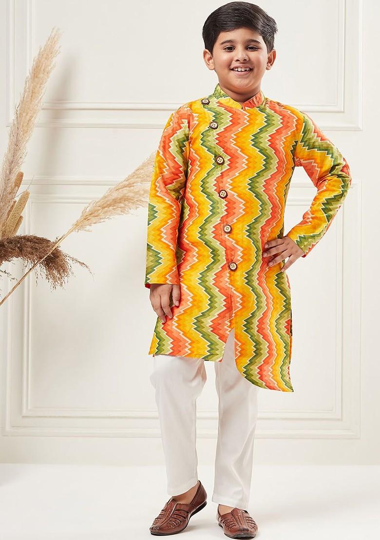 Yellow Striped Cotton Kurta Set For Boys - Indya