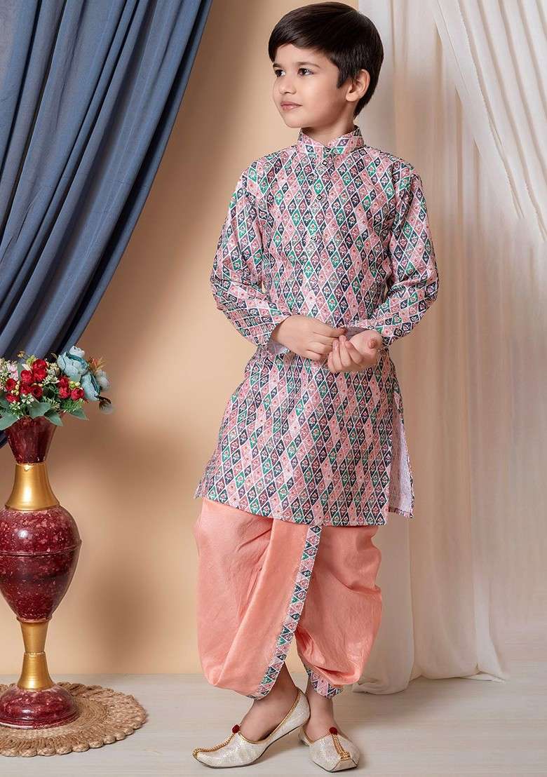 Pink Embroidered Blended Kurta Dhoti Set For Boys - Indya