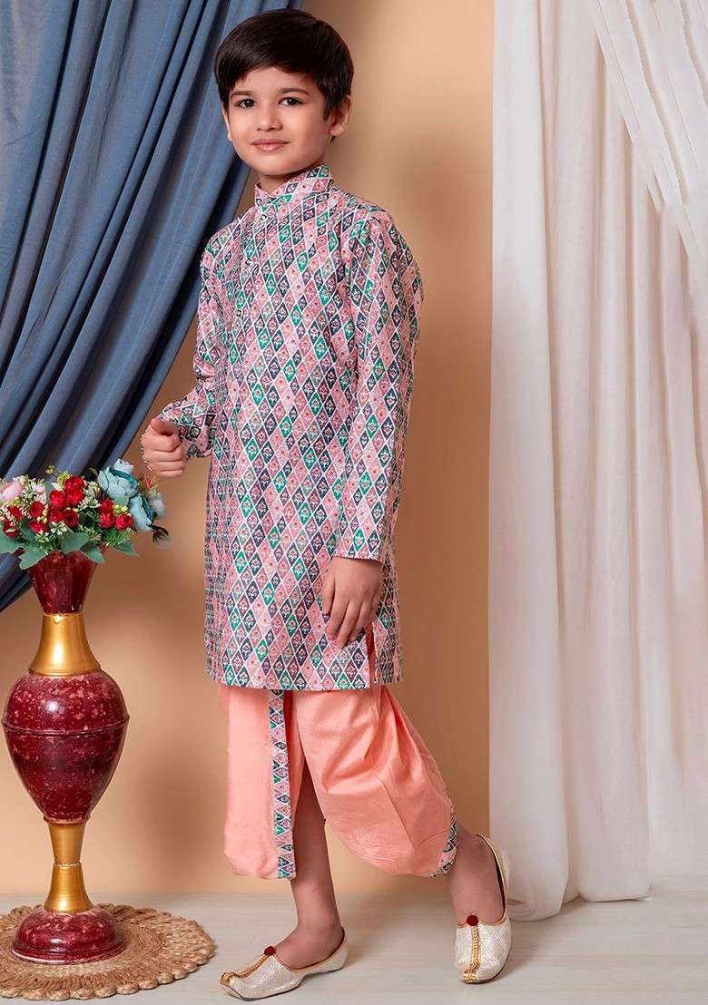 Pink Embroidered Blended Kurta Dhoti Set For Boys - Indya