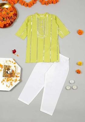 Green Gotta Patti Work Blended Kurta Set For Boys