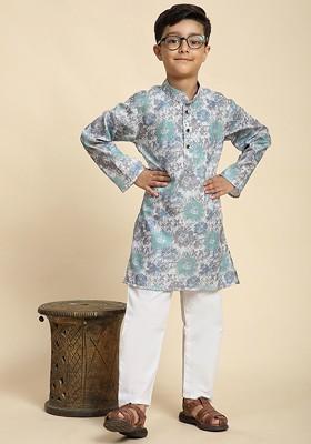 Olive Printed Cotton Kurta Set For Boys